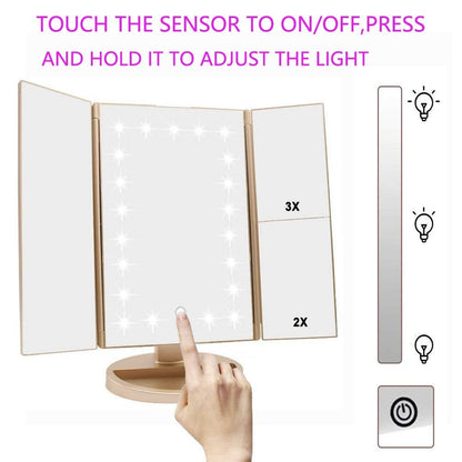 deweisn Dresser Mount Tri-Fold Lighted Vanity Mirror with 21 LED Lights, Touch Screen and 3X/2X/1X Magnification, Two Power Supply Modes Make Up Mirror,Travel Mirror