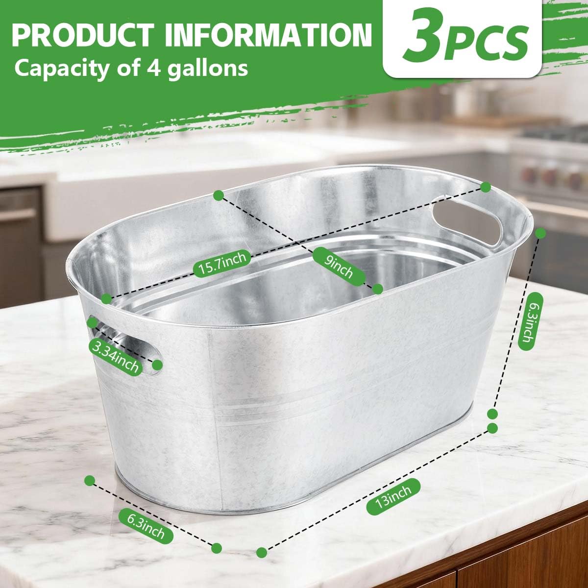 OBTANIM 3 Pack 4 Gallon Galvanized Ice Buckets Metal Champagne Drink Cooler Storage Ice Tub with Handles for Beer Cocktails Wine Beverage Home Parties Bar Cooling Supplies