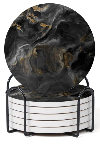 Hoomey Set of 6 Abstract Black Marble Coasters with Holder, Absorbent Ceramic Coasters for Drinks, Coasters with Cork Backing for Table Protection, Housewarming Gifts for New Home