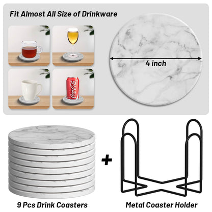 Billbotk 9 Pieces Ceramic Coasters for Drinks with Holder, Absorbent Drink Coasters for Coffee Table, Marble Style Coasters Wooden Table, Suitable for Kinds of Cups, 4 Inches