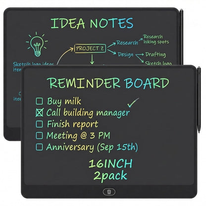 16 Inch LCD Writing Tablet 2 Pack, Large Electronic Notepad for Adults, Reusable Digital Memo Board for Office Desk and Meetings, Erasable Paper Tablet, Battery Operated (Black)