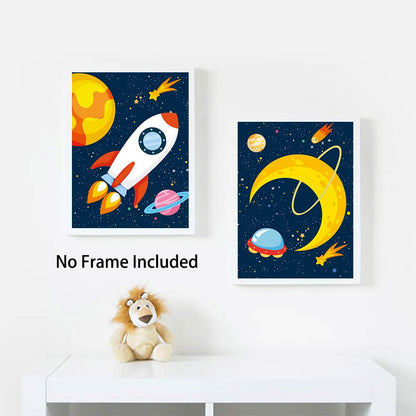 KAIRNE Dinosaur Outer Space Art Print, Solar System Planet Canvas Poster,Set of 4 (8X10inch,Unframed) Animal Astronaut Wall Art for Kid Room Decor