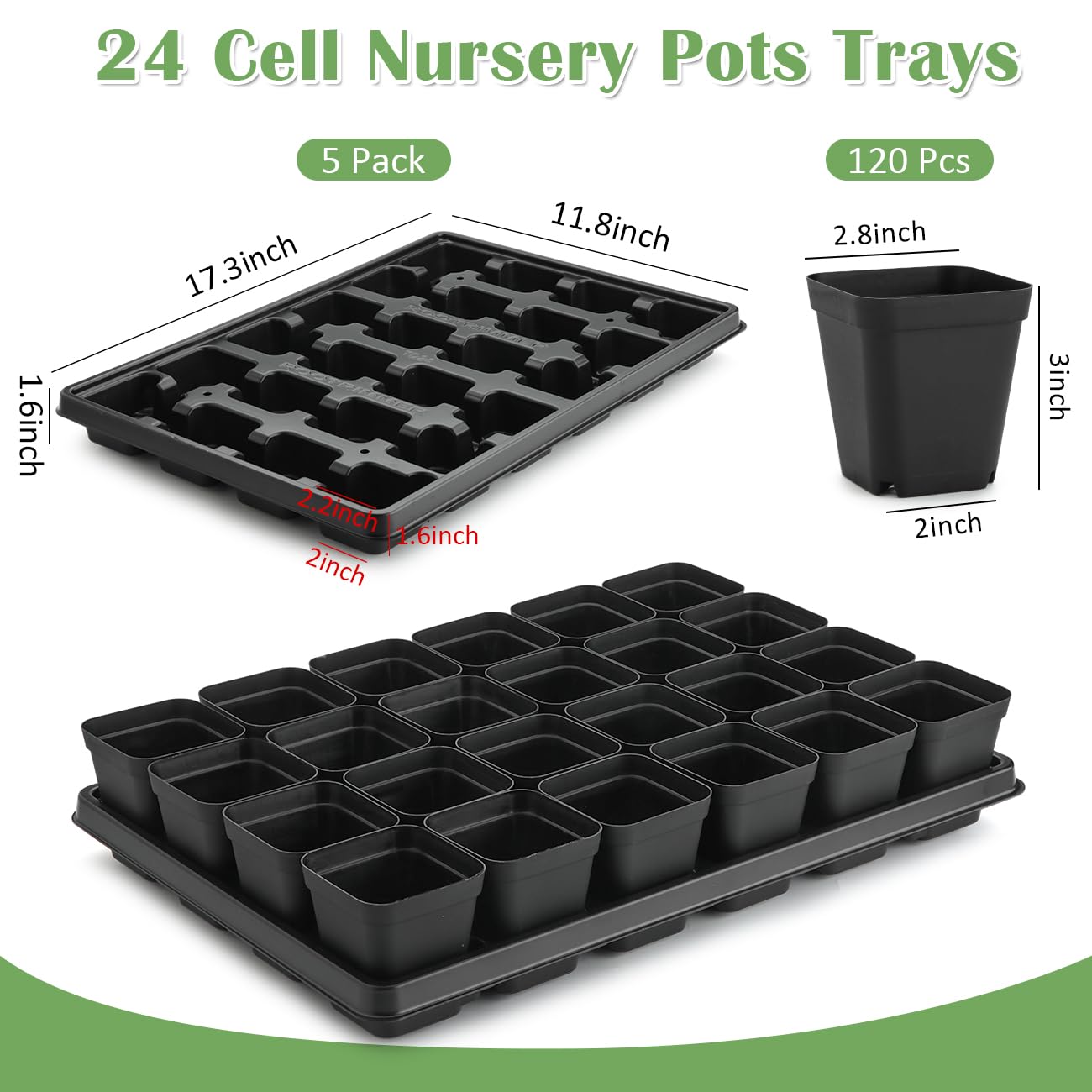 RooTrimmer 5 Pack 24 Cell Nursery Pots Trays with 2.8 inch (7CM) Square Nursery Pots 120pcs (Black), Plastic Seed Starter Tray with Drain Holes for Carrying and Holding Plant Pot(17"x11"x1.6")