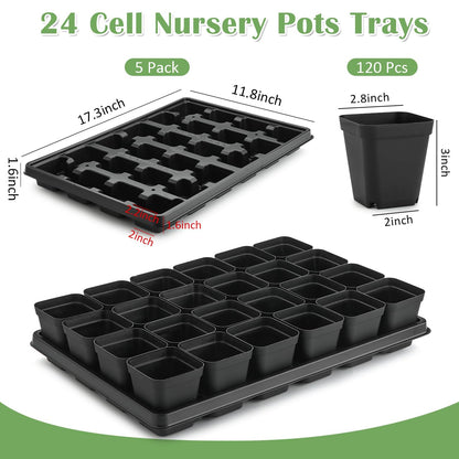 RooTrimmer 5 Pack 24 Cell Nursery Pots Trays with 2.8 inch (7CM) Square Nursery Pots 120pcs (Black), Plastic Seed Starter Tray with Drain Holes for Carrying and Holding Plant Pot(17"x11"x1.6")