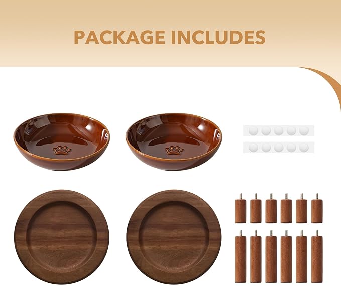 Havniva Elevated Cat Bowls Raised Ceramic Cat Bowl, 5.7” Wide Opening Cat Food Bowl Whisker Friendly Cat Dish Anti-Slip with Wood Stand, Shallow Pet Food & Water Bowl for Indoor Cats