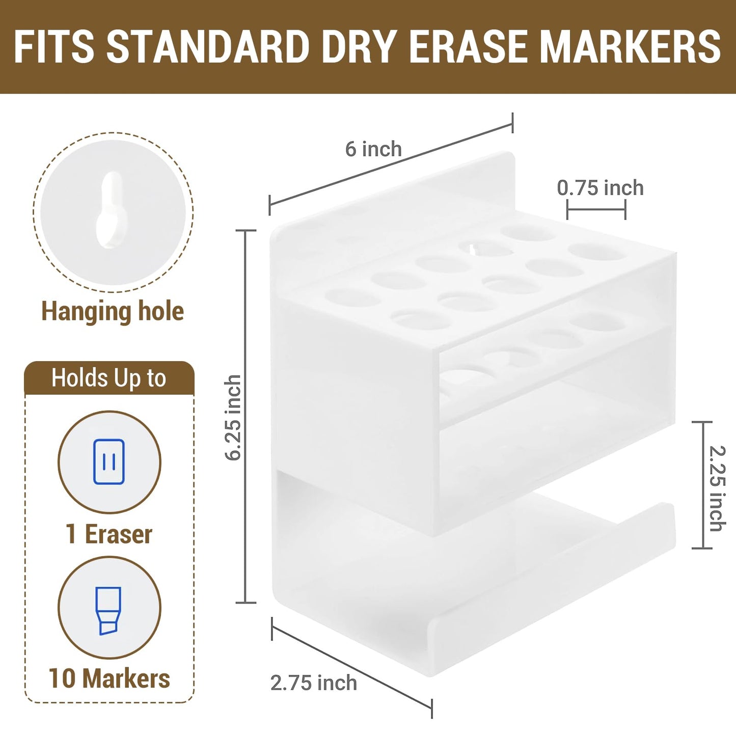 MyGift Dry Erase Marker Holder 10 Slots Whiteboard Marker Holder For Wall Dry Erase Eraser Holder Wall Mount White