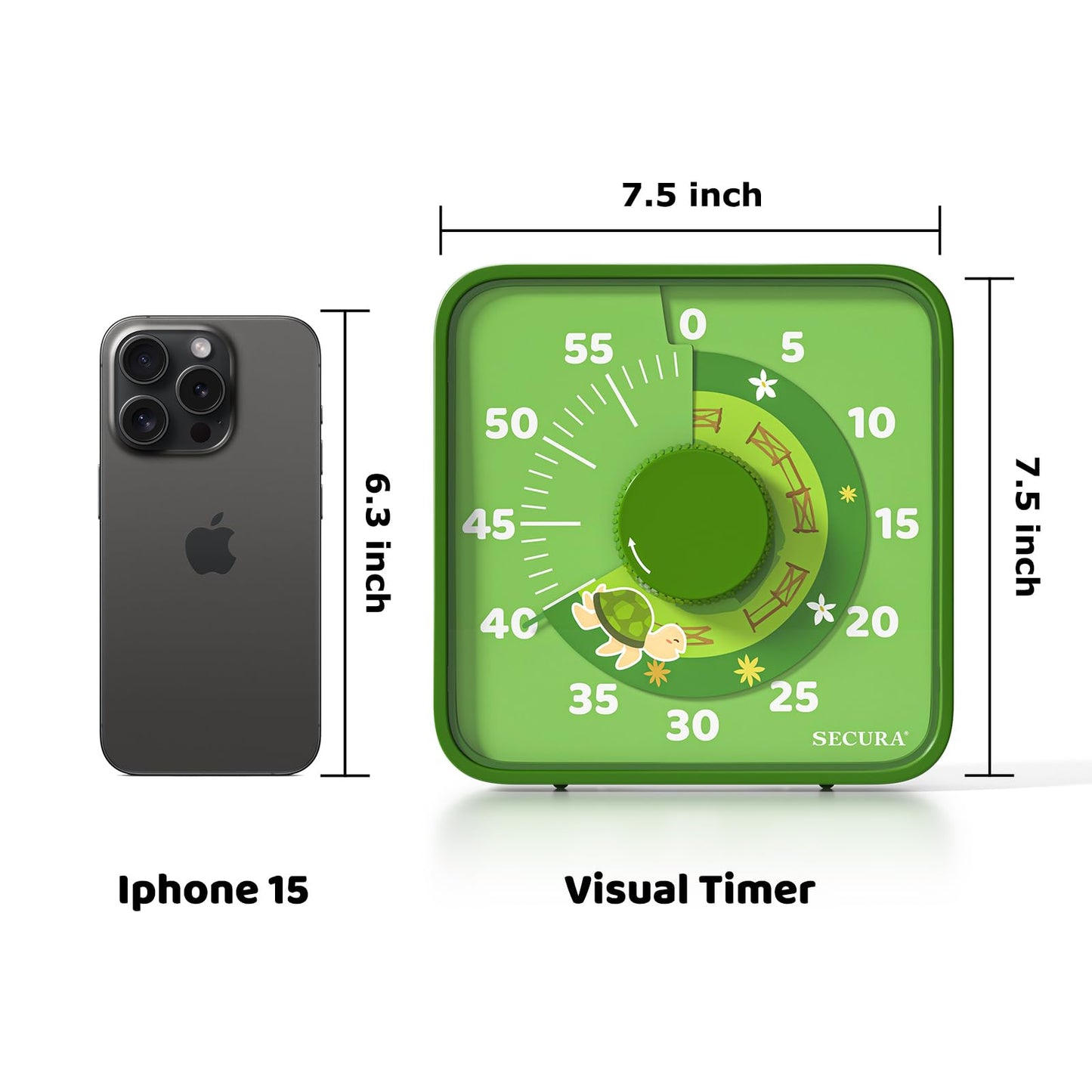 Secura 7.5-Inch Animal Pattern Visual Timer for Kids, 60-Minute Countdown Timer for Classroom or Kitchen, Durable Mechanical Timer Clock with Magnetic Backing (Green)