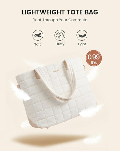 LOVEVOOK Laptop Tote Bag for Women, 15.6 Inch Large Puffer Work Computer Tote Bags for Teacher Nurse, Quilted Women's Purse Tote Shoulder Handbags with Zipper for Travel College Office Gym, Beige