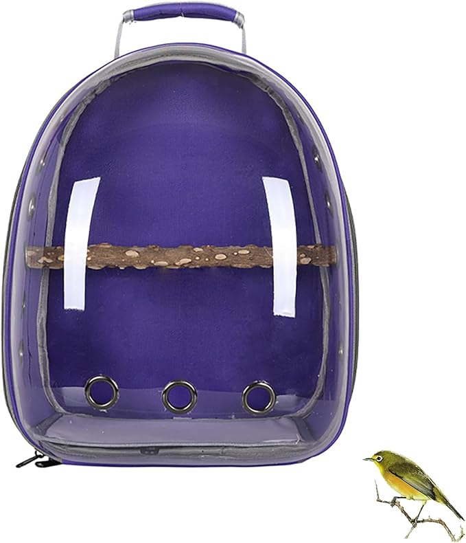 Bird Carrier Backpack with Wood Perch, Transparent Bird Travel Cage, Portable Pet Carrier Backpack, Breathable Hangbag for Vet Transport Camping Hiking (Purple)