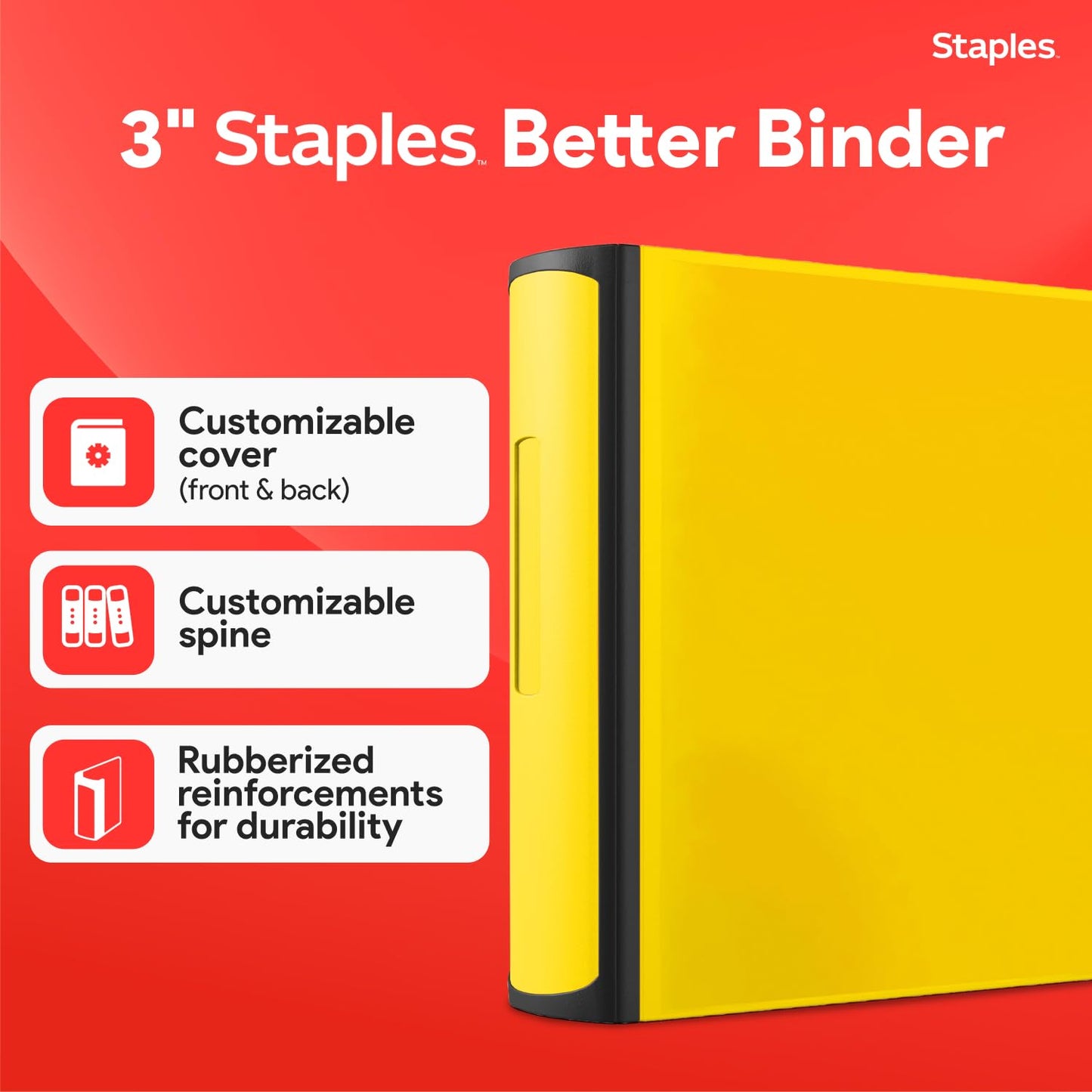 Staples Heavy-Duty 3-Inch D-Ring Binder, Yellow – Large Capacity 3-Ring Binder, Holds Up to 600 Sheets for School & Office