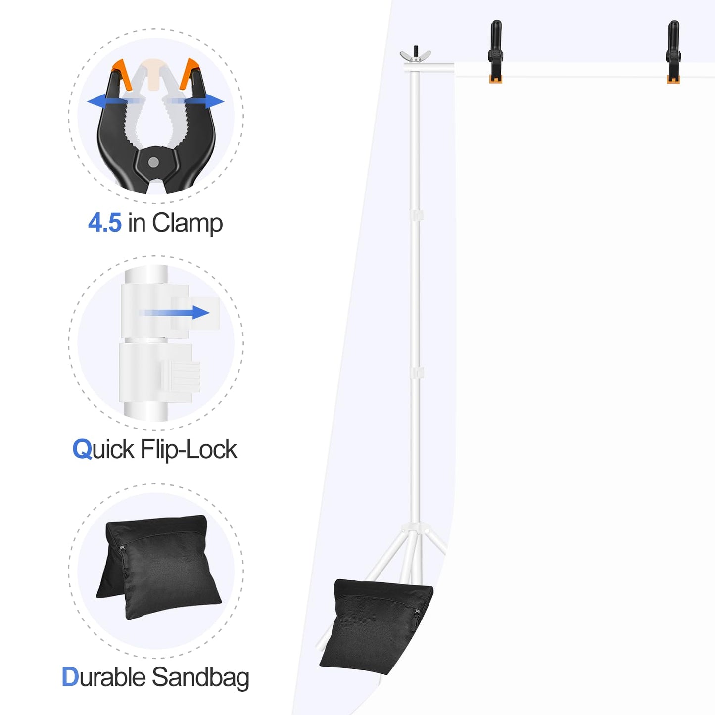 EMART Backdrop Stand 10x8.5ft(WxH) Photo Studio Adjustable Background Stand Support kit with 2 Crossbars, 8 Clamps, 2 Sandbags and Carry Bag for Parties, Events Decoration, Wedding, Photography -White
