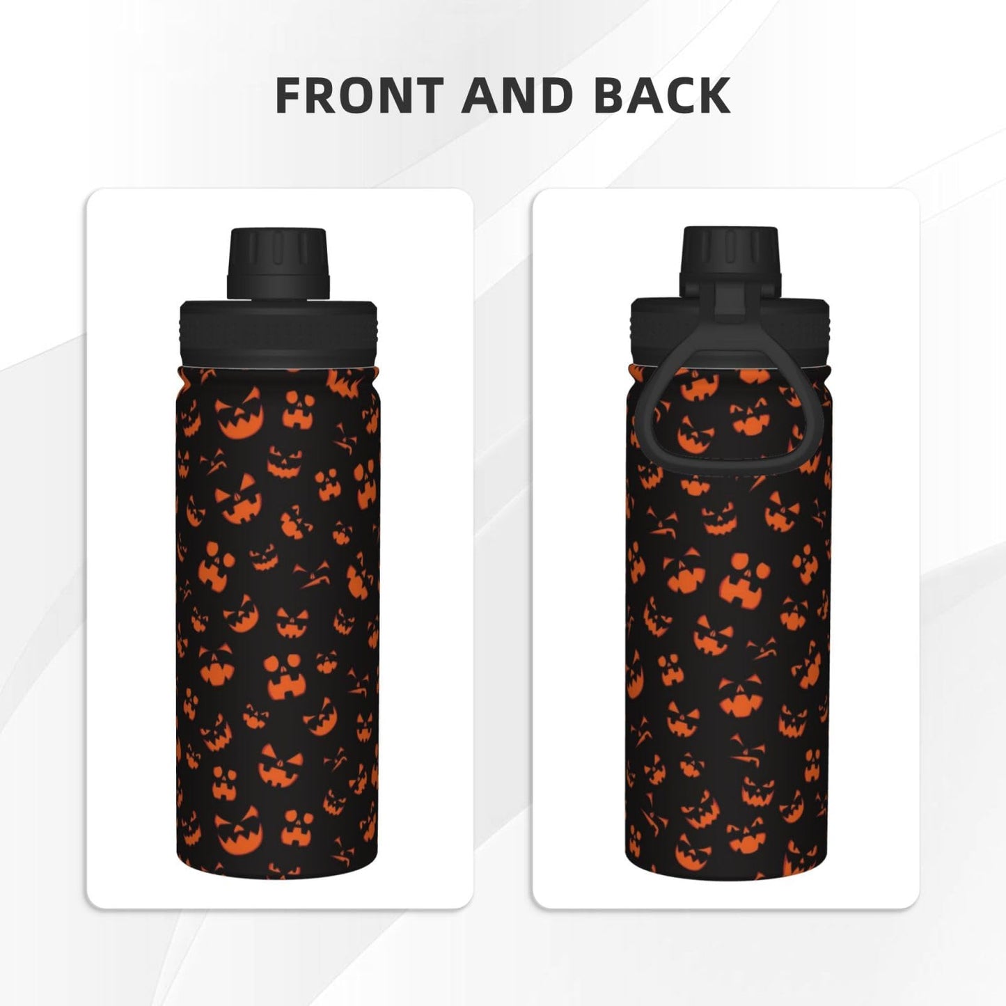 SOUWEWU 18oz Scary Pumpkin Face Sports Water Kettle with Handle, Double Wall Vacuum Insulated Hot and Cold Black Tumbler, Halloween Print Water Bottle for Gym Outdoor