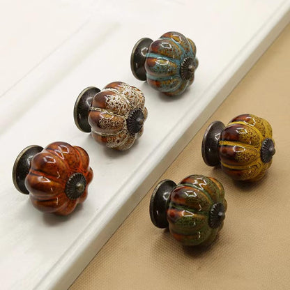 Wannianmu 10 Pack Vintage Ceramic Pumpkin Cabinet Knobs, Kitchen Cabinet Drawers Dresser Cupboard Pull Handles Door Pulls with 5 Kinds of Screws (Leopard Print -Orange)
