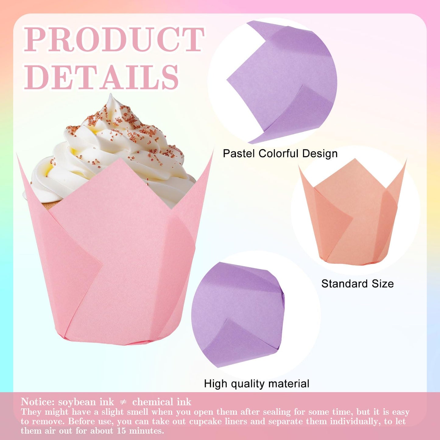 FYSUIMU 180Pcs Pastel Tulip Cupcake Liners Colorful Muffin Baking Cups Pink Blue Purple Yellow Orange Green Cupcake Wrappers for Spring Easter Holiday Party Supplies