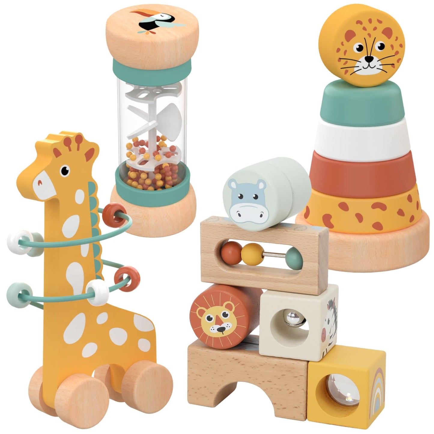 Nene Toys Montessori Toys for 1 Year Old – 4-in-1 Wooden Sensory Toy Set with Stacking Rings, Rainmaker, Giraffe Bead Maze & Activity Blocks – Educational Gift for Toddlers, Boys & Girls Age 1+