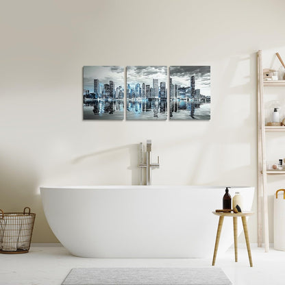 jejeloiu Skyscraper Canvas Wall Art for Living Room Bedroom 12"x16"x3pcs Modren City Picture Wall Decor for Bathroom Night Scene Office Decorations Artwork Posters Painting Blue Grey