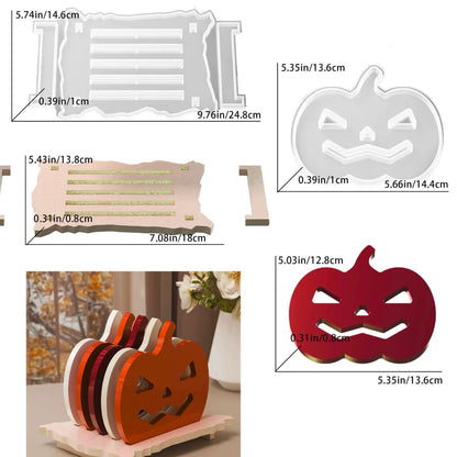6 Pcs Pumpkin Epoxy Coaster Resin Molds Silicone with Holder, Halloween Pumpkin Coaster Molds Holder Set for Epoxy Resin, DIY Art Craft Cup Mats