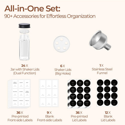 ComSaf Aesthetic Minimalist Glass Spice Jars with Labels, 24Pcs 4oz Empty Spice Containers with 93 Labels, Metal Funnel, Extra Shaker Lids, Square Spice Bottles for Kitchen Organization