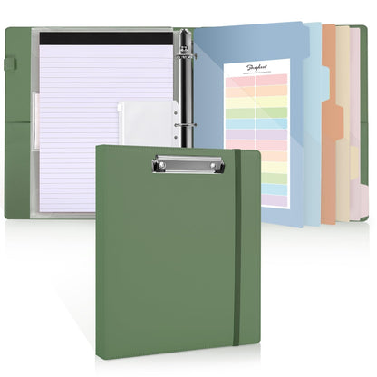 SKYDUE Clipboard Binder with Refillable Notepad, PU Clipboard Folder Includes 5 Dividers with 10 Pockets, Labels, 3 Ring Binder 1 Inch for School Office (Fit Letter Sized Paper),Olivegreen