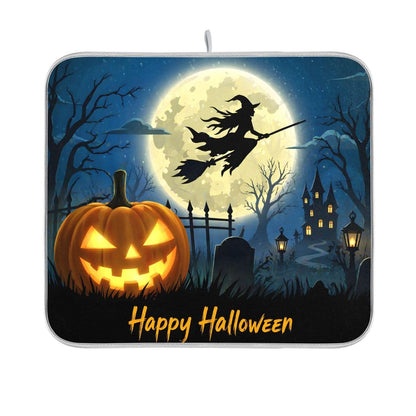 Halloween Night Witch Bat Dish Drying Mat,Pumpkin Latern Absorbent Dish Drying Mat for Kitchen, Extra Large, 16" x 18"