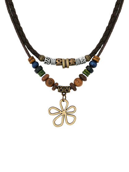 MINACHI Boho Layered Wood Bead Necklace Set – Dark Cord, Mixed Beads & Antique Brass Flower Pendant, Matching Earrings Included, Bohemian Style