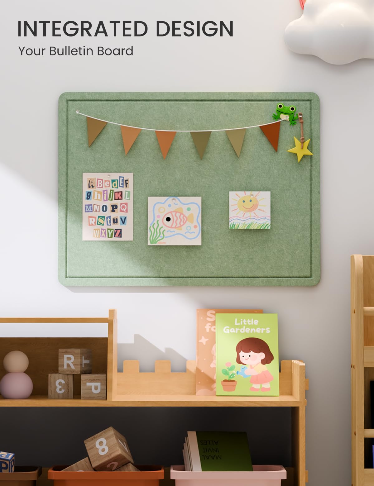 Fluxynara Bulletin Board, 23.6" x 17.5" Cork Board Alternative with 12 Safe Removable Adhesive Tabs, Foldable Felt Pin Board for Home Office, Classroom, Bedroom,Entryway for Walls—Moss Green