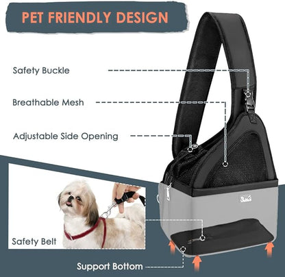 SlowTon Pet Dog Sling Carrier, Hands Free Hard Bottom Papoose Small Animal Puppy Up to 11 lbs Travel Bag Tote Breathable Mesh Support Adjustable Padded Strap Pocket Safety Belt Machine Washable