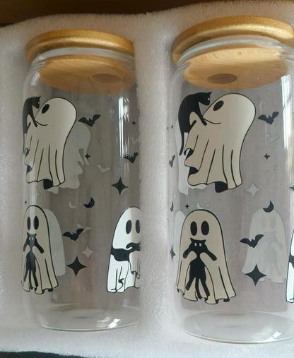 Halloween Glass Cups– 18oz Halloween Cups with Lid & Straw & Straw Covers, Ghost Tumbler Boo Basket Ghost Mug Iced Coffee Cup Decor Indoor