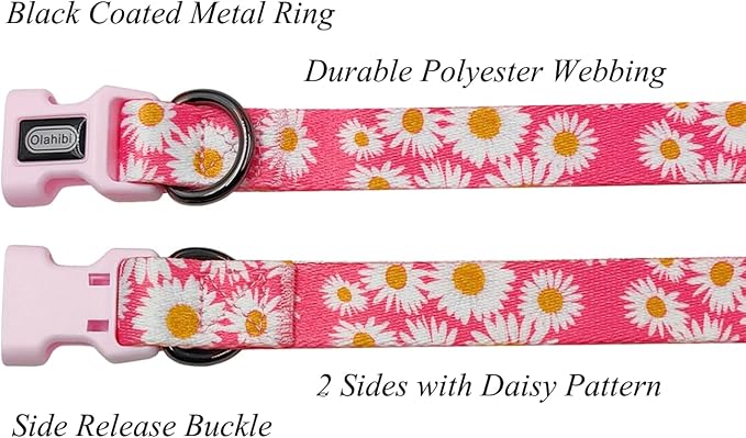 Dog Collar and Leash Set, Cute Pink Daisy Pattern, Polyester Material, 5ft Leash, for Small Dogs.(Small, Pink Daisy)