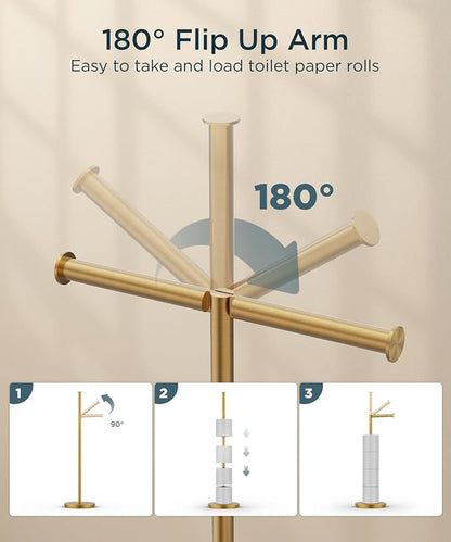 FORIOUS Toilet Paper Holder Stand, Modern Freestanding Tissue Roll Holder for Bathroom, Durable 304 Stainless Steel and Weighted Base Toilet Paper Stand, toilet paper storage for 4 Rolls, Brushed Gold