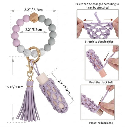 BIHRTC Keychain Bracelet with Leather Card Wallet Hand Made Dream Weaving Lipstick Holder Silicone Bead Key Ring Bracelet Bangle Purse Card Key Holder for Women Wristlet Keychain