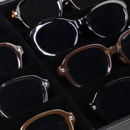 Wudygirl Jewelry and Sunglass Organizer - 8 Slot Storage With Clear Lid, Leather Eyeglasses Display for Women and Men (8 Grid)
