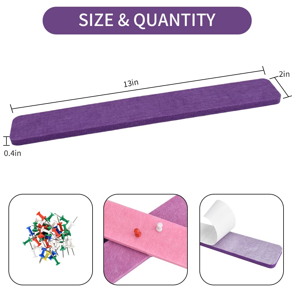 Vuzvuv 8 pcs Bulletin Board Bar Strips with 50 Pushpins & 10 Wooden Clip pins，Self Adhesive Cork Board for Wall，Felt Pin Board for School，Office Decor(Purple Rose)