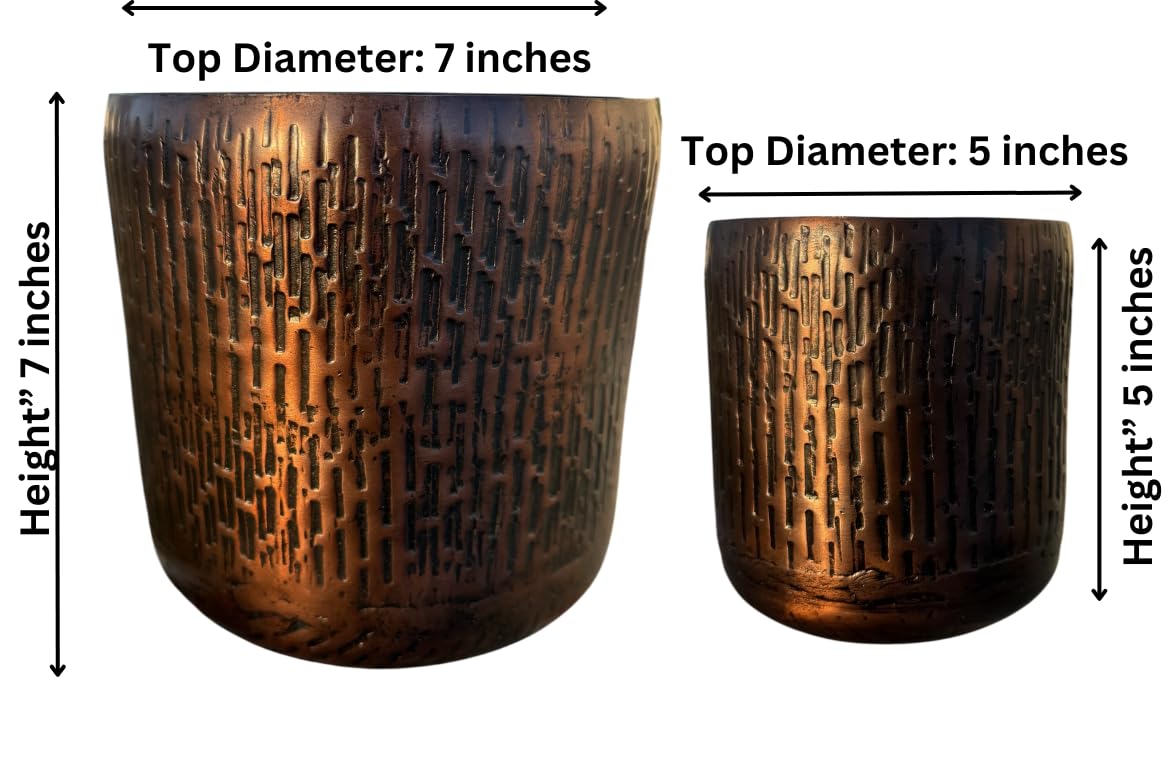 Set of 2 Antique Copper Handmade Metal Planters – Textured Grooved Design with Anti-Scratch Pads – Indoor Decorative Flower Pots with a Medieval Look – 7x7" and 5x5" Height Rustic Artisan Planter Set