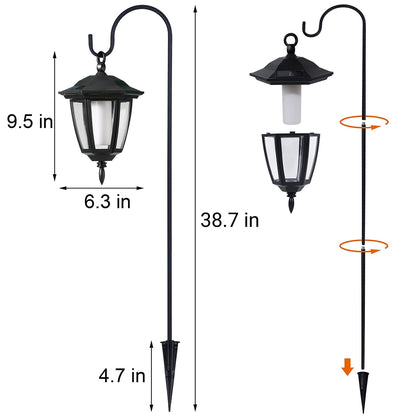 Dynaming 2 Pack Solar Halloween Flame Hanging Lights Outdoor, Flickering Flame LED Garden Lanterns with 2x38 Inch Shepherd Hooks, Landscape Lighting Waterproof for Lawn Yard Pathway Driveway, Purple