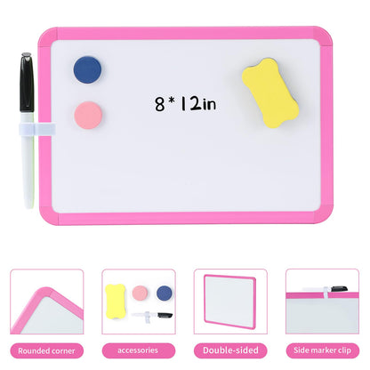 MXG Double Sided Pink Dry Erase Board, 8x12 Inch Small White Board with Marker & Eraser for Desk, Wall, Fridge, Portable Mini Whiteboard for Office, School, Coaches, Students, Kitchen