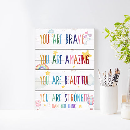 You Are Brave Canvas Wall Art,Positive Affirmations Wall Decor for Kids,Inspirational Quote Canvas Framed Wall Art Ready to Hang for Kids Bedroom Nursery Playroom Decorations