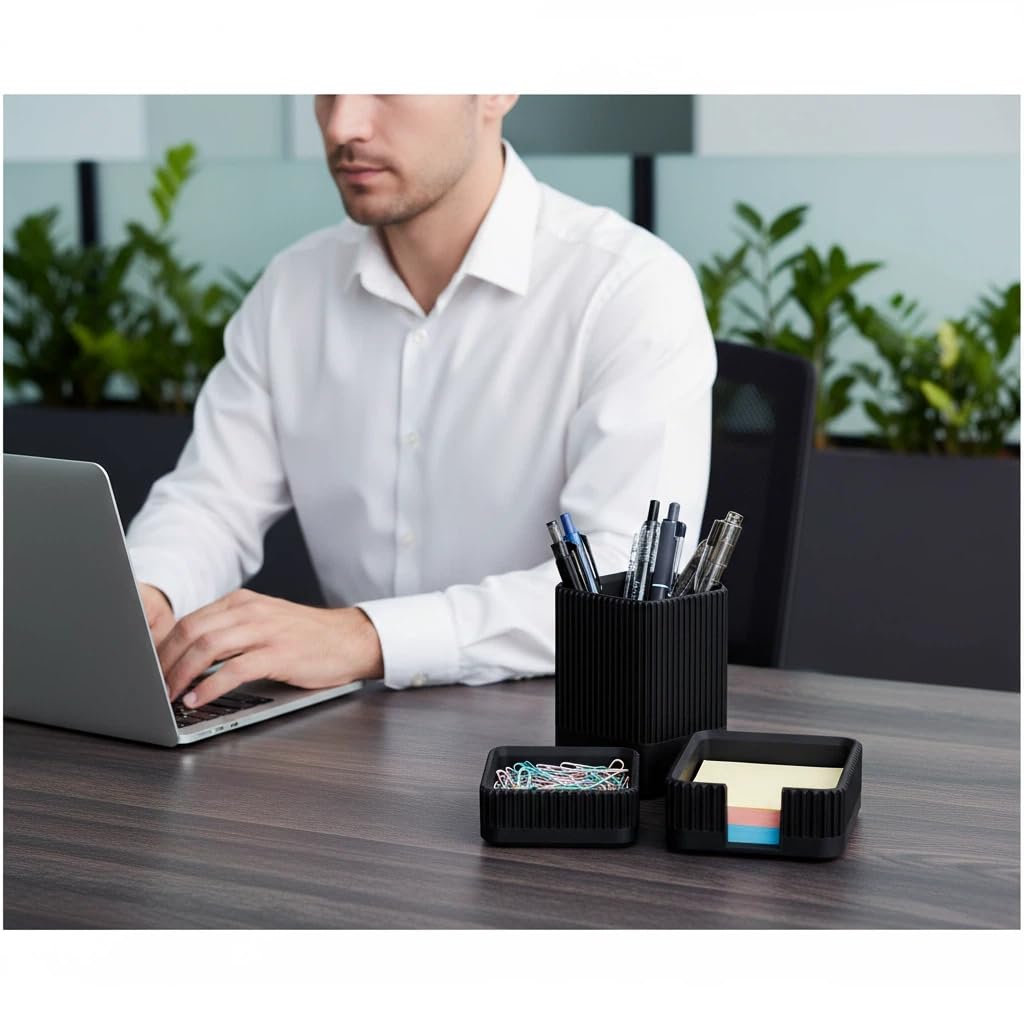 Aesthetic Desk Organizers and Accessories Set of 3 with Pen Holder,Paperclip Holder,Sticky Note Holder - Durable Plastic Pencil Holder for Office Women Men-Teacher Appreciation/Back-to-school Gift