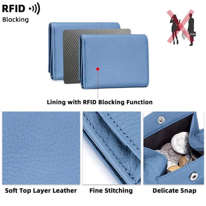 Mudono Small Wallet for Women Genuine Leather RFID Blocking Card Holder Minimalist Tri-fold Cash Wallet with Snap Coin Pouch