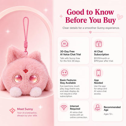 OKIVIVI AI Plush Bag Charm, Interactive Voice Chat Companion Stuffed Animals with App-Connected, Expressive LED Eyes, Touch-Reactive Stuffed Toy, Cute Plush Keychain Gift for Teens and Plush Lovers