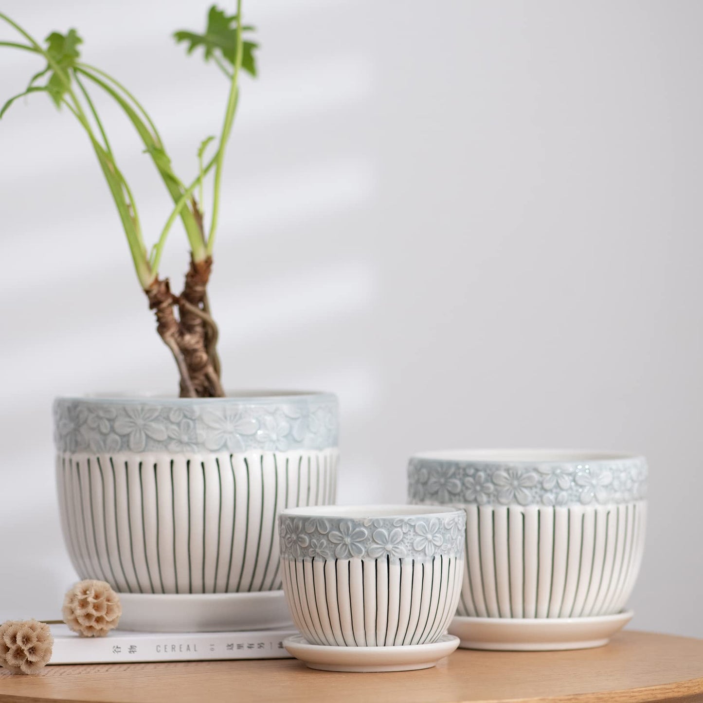 Ton Sin Grey Flower Pots, Texture Planter for Indoor Plants Set of 3 Ceramic Flower Pots with Saucer, Cute Garden Pots Succulent Pots, 6.75/5.6/4.2 Inch, Indoor Outdoor Home Garden Decor
