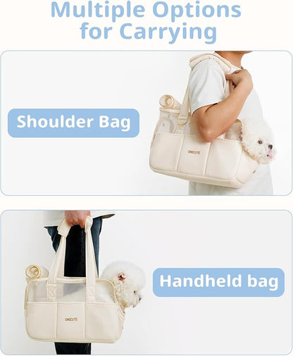 ONECUTE Dog Purse Carrier for Small Dogs Rabbit cat with Large Pockets, Cotton Bag, Dog Carrier Soft Sided, Collapsible Travel Puppy Carrier (Beige Breathable, 13.6" L x 6.5" W x 10.0" H)