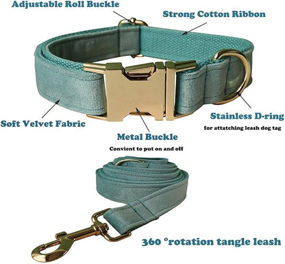 Love Dream Velvet Dog Collar and Leash Set, Soft & Comfy Adjustable Dog Leash and Collar with Heavy Duty Metal Buckle for Small Medium Large Dogs Training & Walking (Large, Light Green)