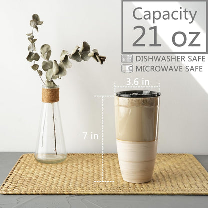 Bosmarlin Ceramic Travel Coffee Cup with Lid, 21 oz, Portable Coffee Mug for Car Cup Holder, Microwave and Dishwasher Safe, Reactive Glaze (Brown Grey)