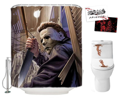 Hdem Halloween Shower Curtain Set for Bathroom- Scary Evil Killer Michael Myers, Horror Movie Themed Holiday Polyester Fabric Decoration with Hooks and Toilet Stickers, Christmas Party Decor 72x72