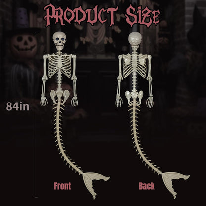 BEABOO 84Inches/7Ft Mermaid Halloween Life Size Skeleton Pose-N-Stay Posable Movable Joints Hanging for Halloween Decoration Decor Spooky Scene Party Favors