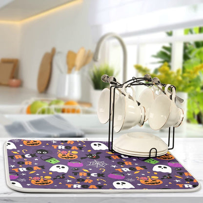 Happy Halloween Purple Pumpkin Fall Dish Drying Mat 16x18 for Kitchen Counter Trick or Treat Spooky Ghost Reversible Dishes Draining Mats Medium Absorbent Fast Dry Pad Halloween Accessories