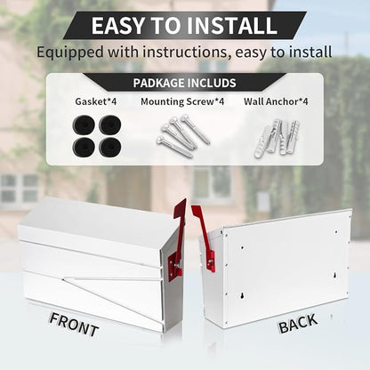 Ydocabinit Wall Mount Mailbox, Large Capacity Mailbox for House, with Flag Kit, Galvanized Steel Rust-Proof Metal Post Drop Box, Mailboxes for Outside, 15.74"×9.84"×4.33", White, Modern Sleek Style
