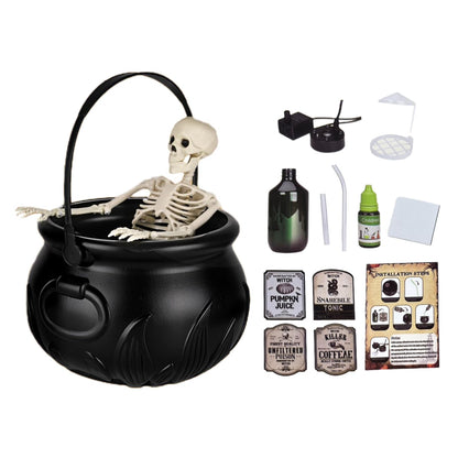 Halloween Decorations Indoor - Skeleton Cauldron Running Water Decor with Magic Floating Potion Bottles and Diffuser - Black Plastic Witches Bowl Summerween Decoration for Spooky Home Table (Set)