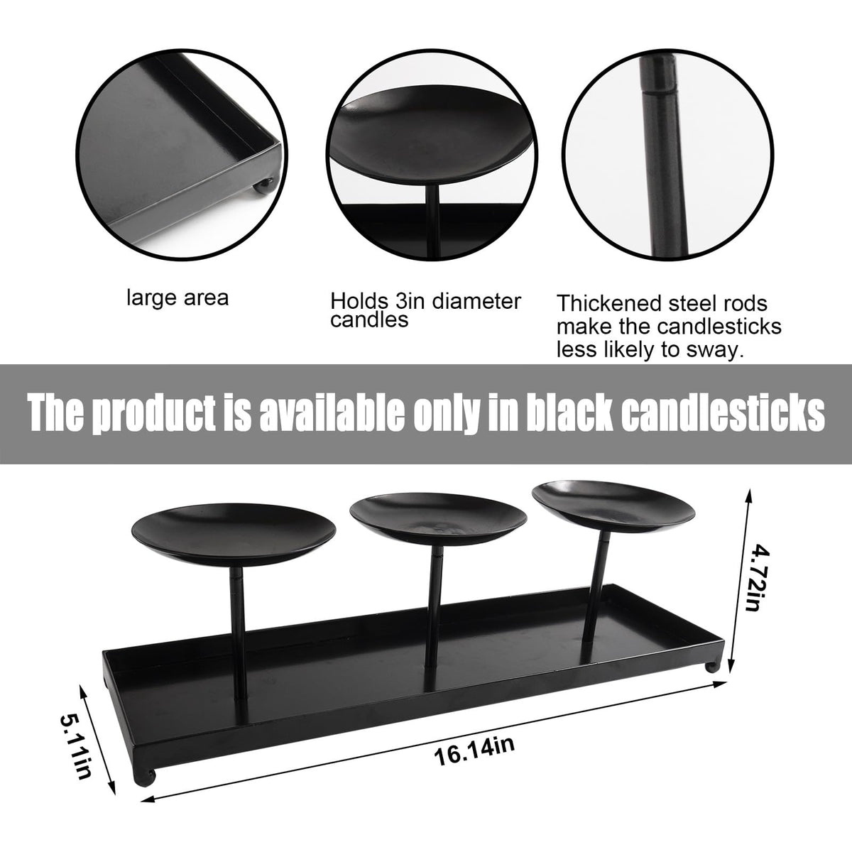 flangairy 3 Pillar Black Metal Candle Holders for Table Centerpiece, Fall Thanksgiving & Halloween Dining Table, Fireplace Mantel Decor, Tray Candlestick for Living Room Rustic Decorations